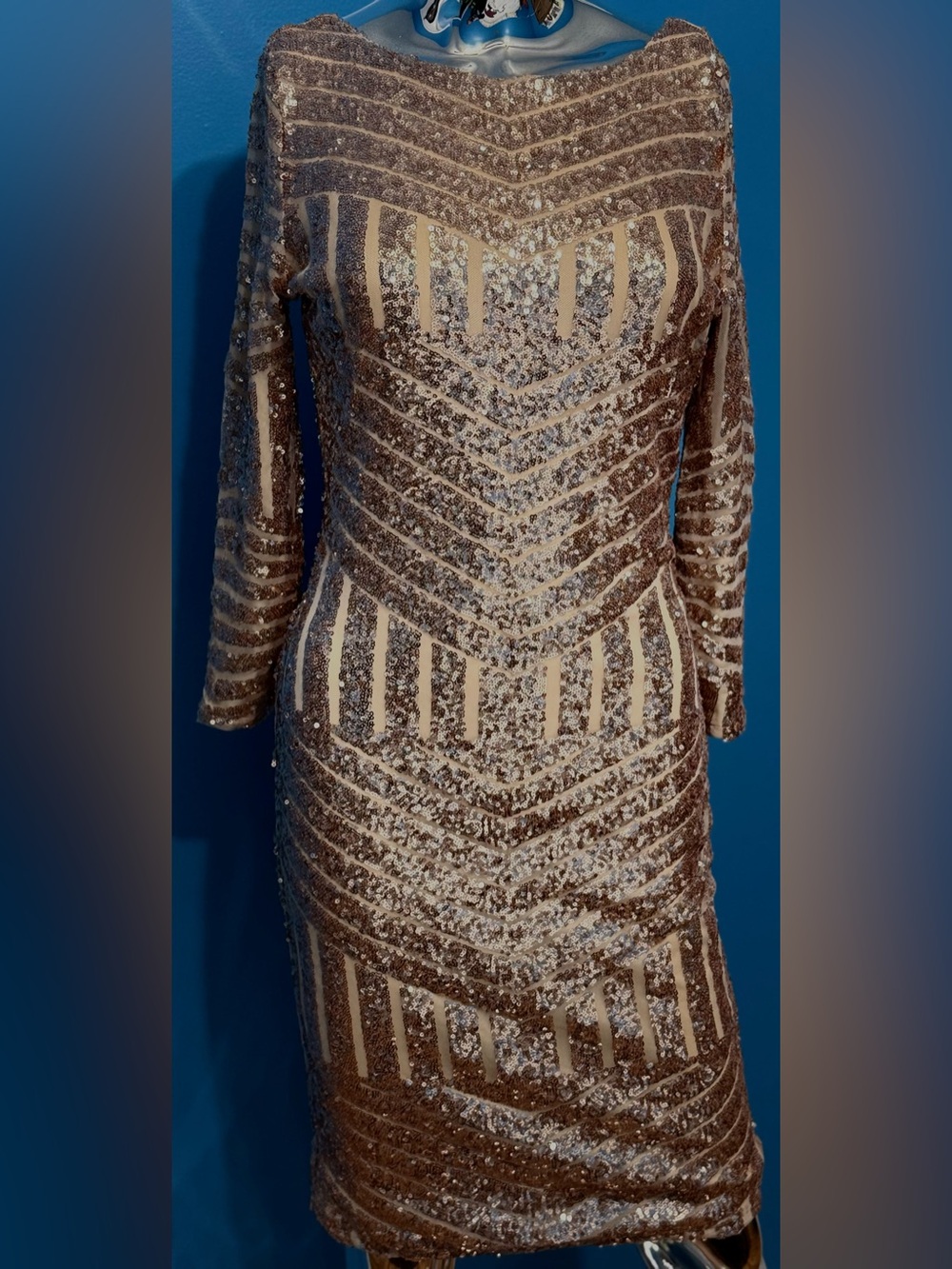L'ATISTE Sequin Long Sleeve Dress in Nude and Champagne